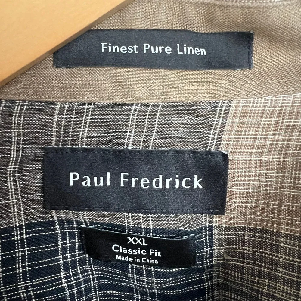 Paul Fredrick XXL Classic Fit Pure‎ Linen Plaid Button Down Shirt Brown Tan Grey